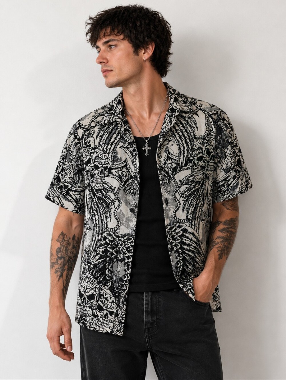 Rebel Vengeance Skull Print Button-Up Shirt Men's Medium Gothic Punk Streetwear